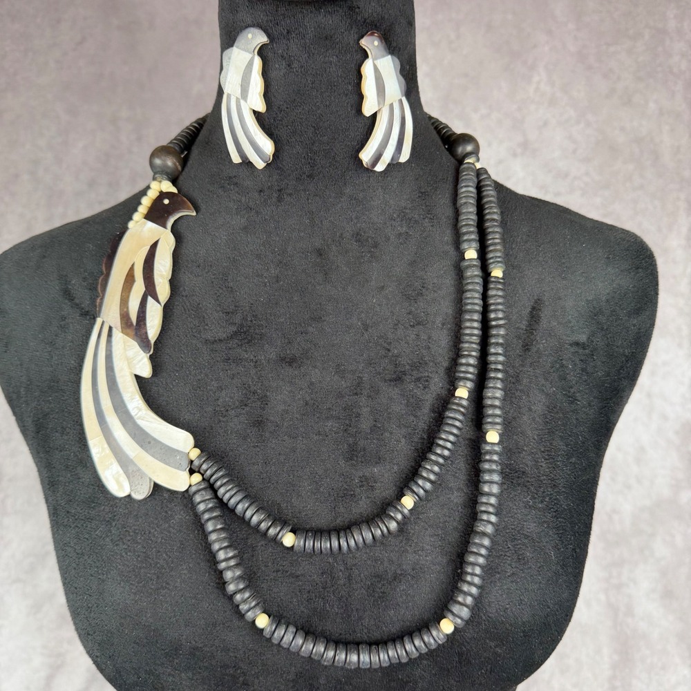 Vtg MOP Shell Carved Bird Statement Necklace Earrings Set Art Deco Boho Tribal